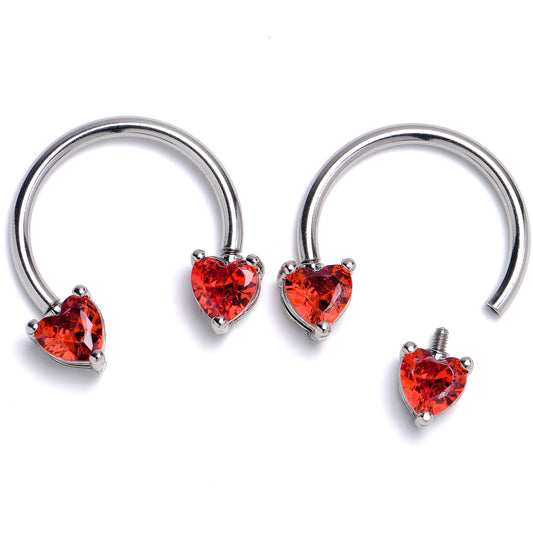 14G 9/16 Red CZ Gem Heart Internally Threaded Horseshoe Set