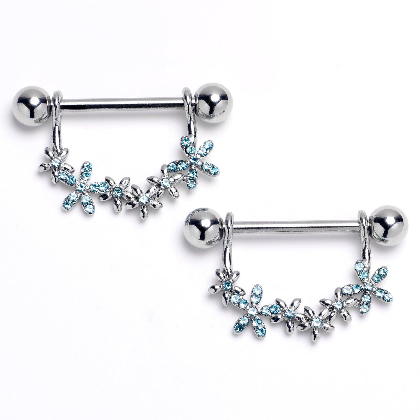 14G 9/16 Blue CZ Gem Flower Chain Dangle Nipple Ring Set