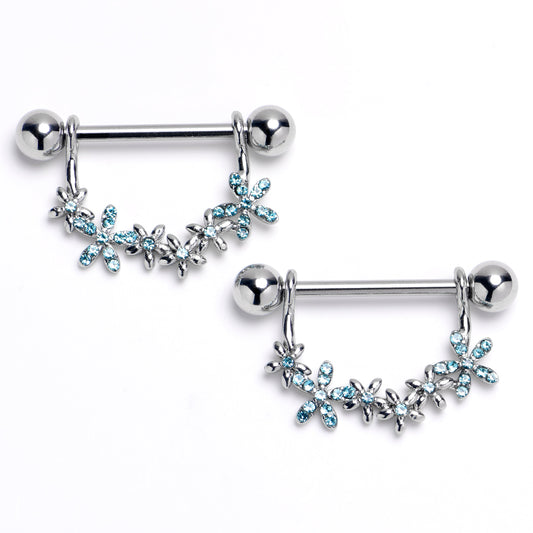 14G 9/16 Blue CZ Gem Flower Chain Dangle Nipple Ring Set