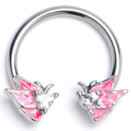 16G 3/8 Clear CZ Gem Butterfly Pink Horseshoe Circular Barbell