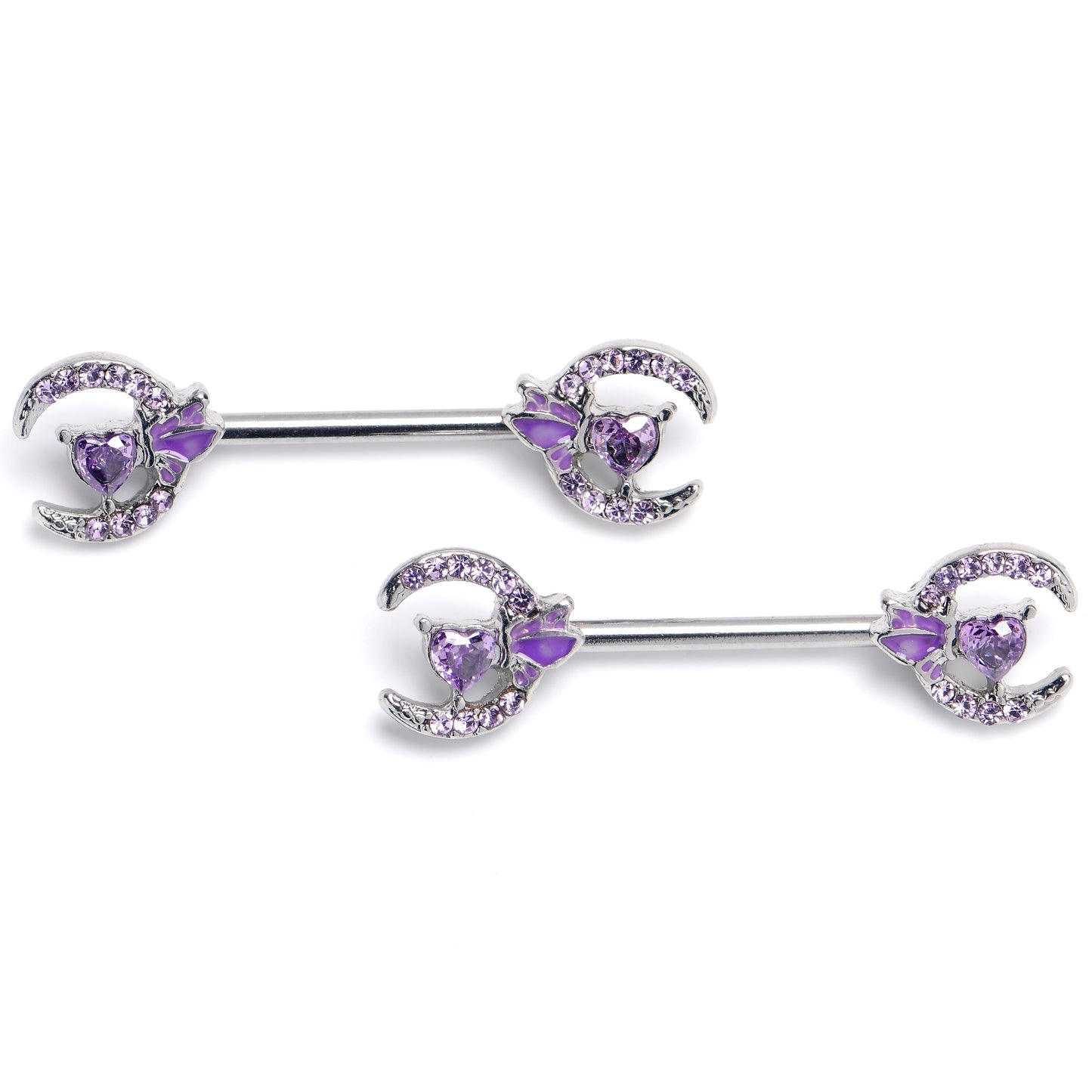 14G 9/16 Purple Gem Butterfly Heart Moon Barbell Nipple Ring Set