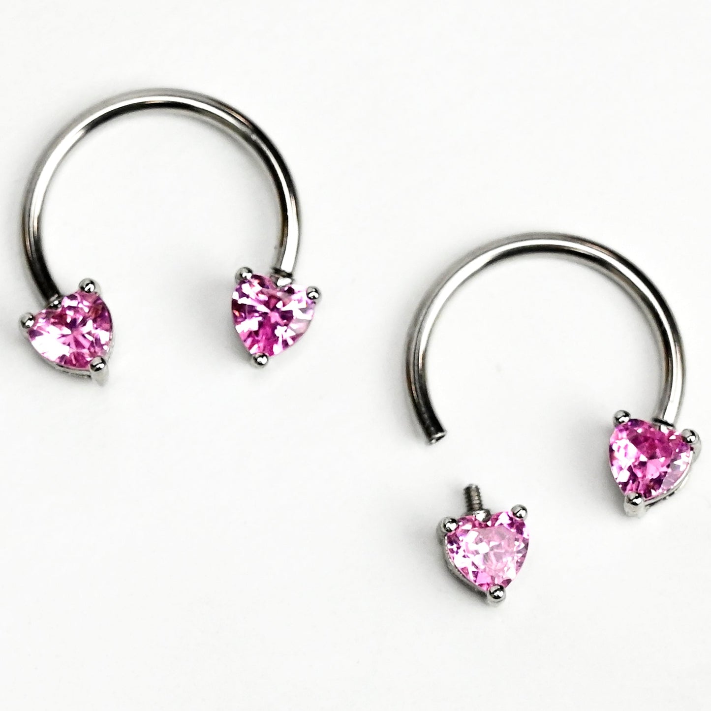 14G 9/16 Pink Gem Heart Internally Threaded Horseshoe Nipple Ring Set