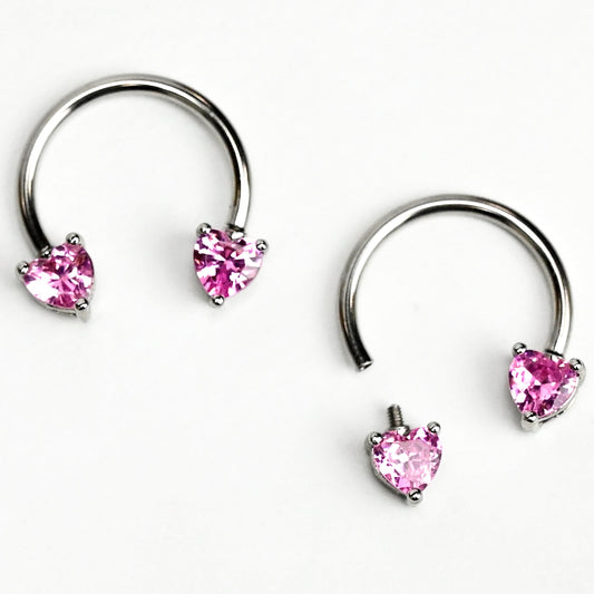 14G 9/16 Pink Gem Heart Internally Threaded Horseshoe Nipple Ring Set