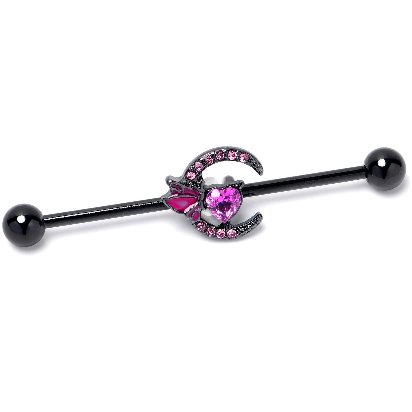 14G Pink Gem Black Moon Heart Butterfly Industrial Barbell 38mm