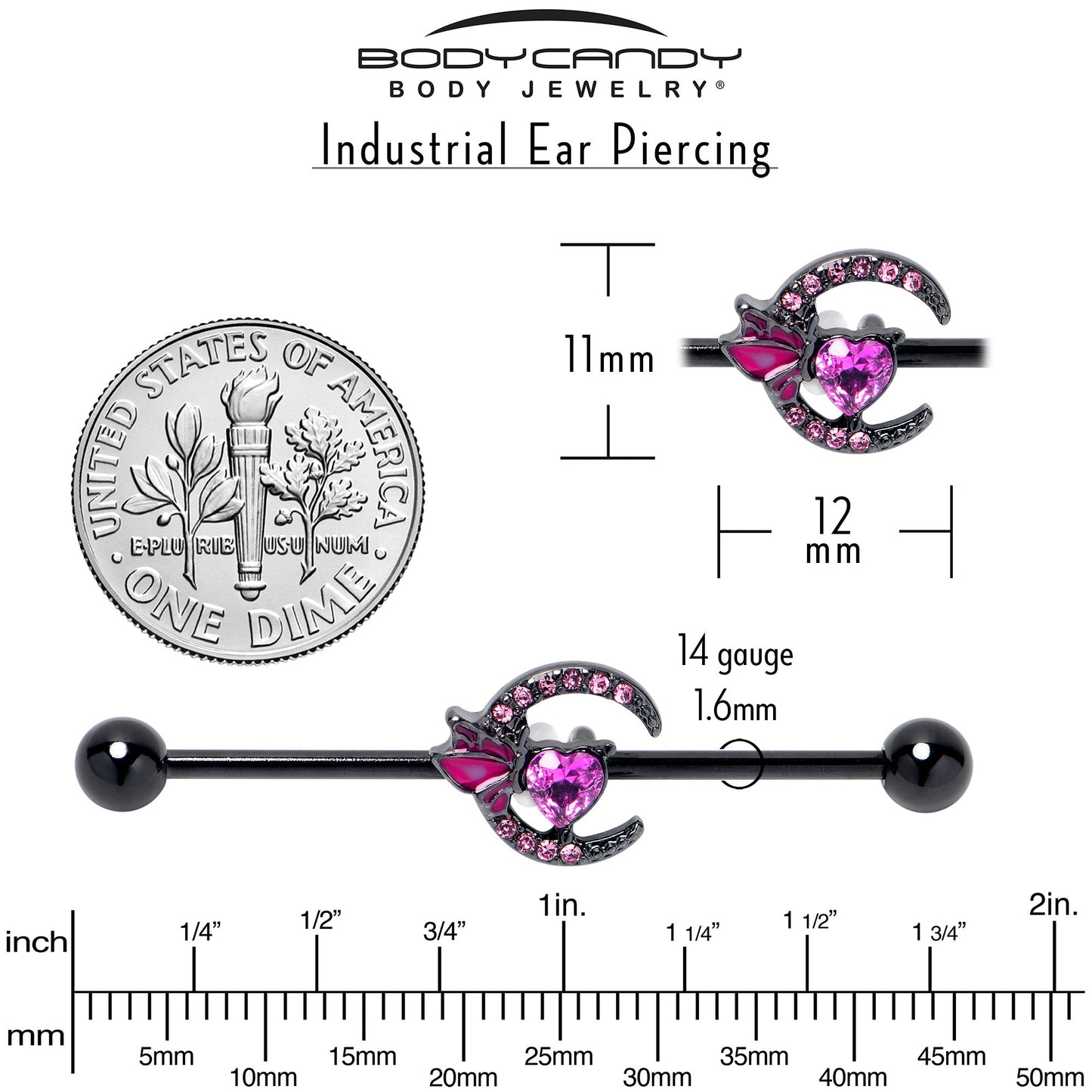 14G Pink Gem Black Moon Heart Butterfly Industrial Barbell 38mm