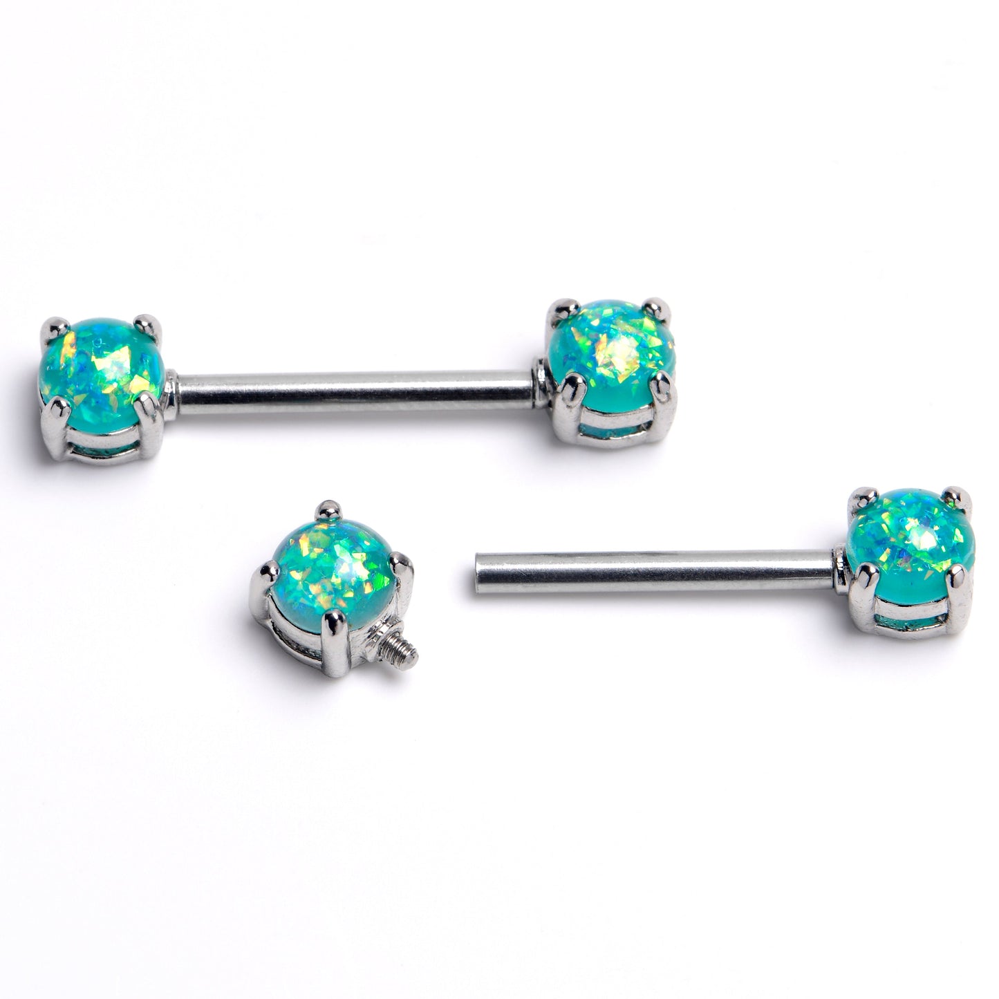 14G Green Faux Opal Internally Threaded Barbell Nipple Ring Set
