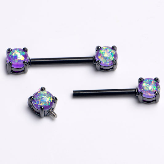 14G 9/16 Purple Faux Opal Black Internally Threaded Nipple Ring Set
