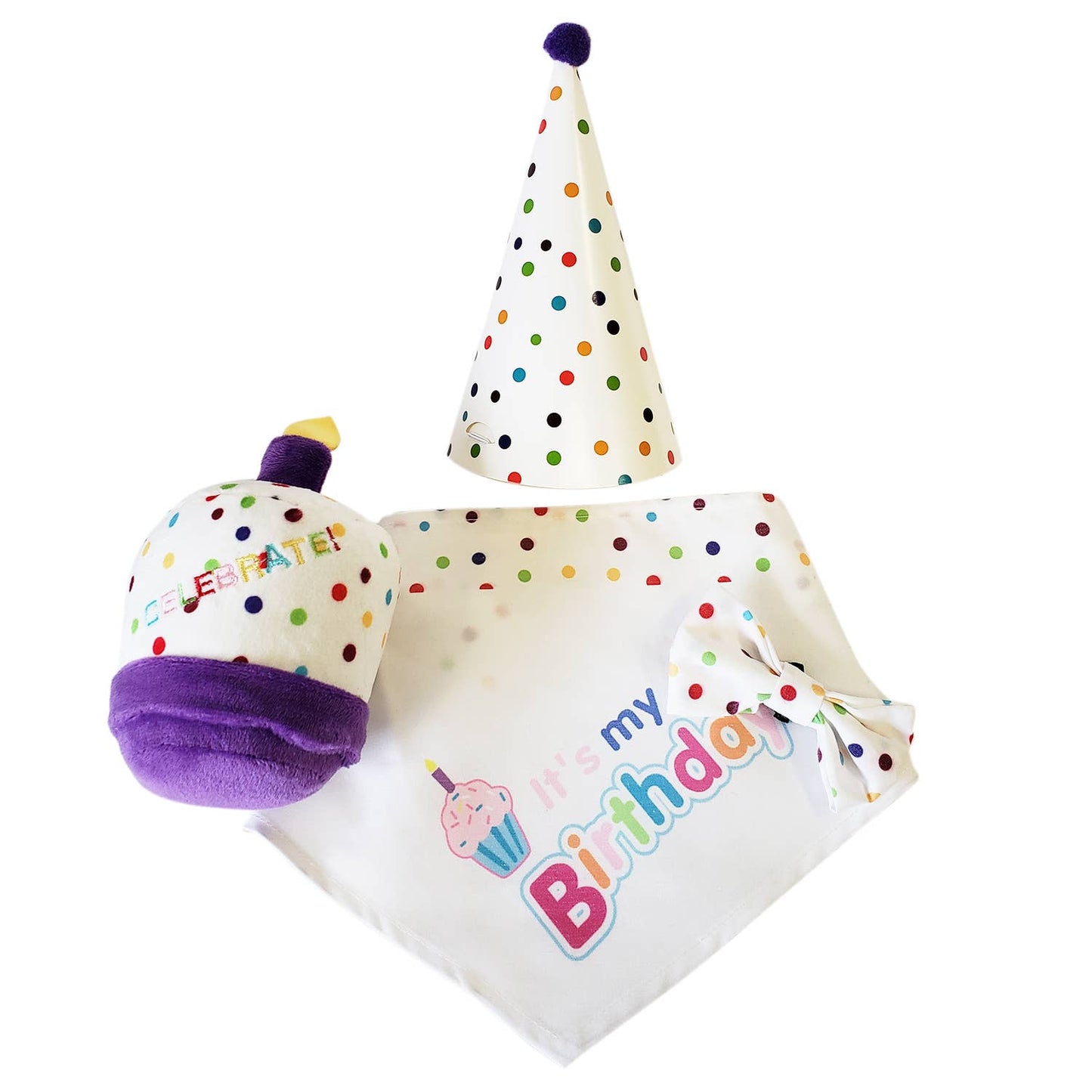 4-Piece Dog Birthday Kit – Celebrate in Style with Bandana, Hat, Bow Tie & Plush Toy