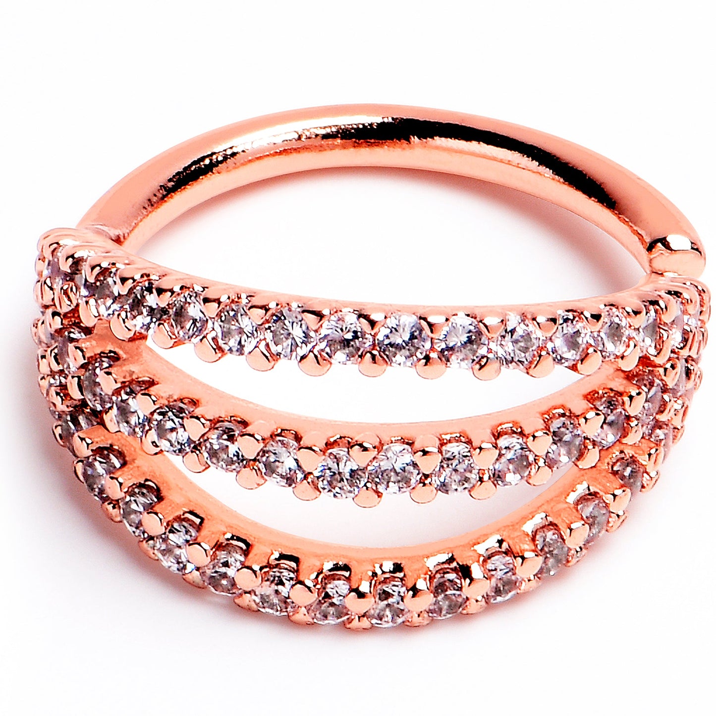 16G 3/8 Clear CZ Gem Rose Gold Tone Faux Triple Hoop Closure Ring