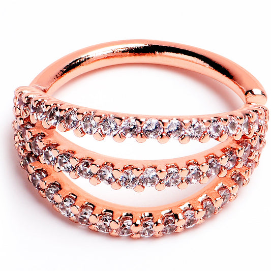16G 3/8 Clear CZ Gem Rose Gold Tone Faux Triple Hoop Closure Ring
