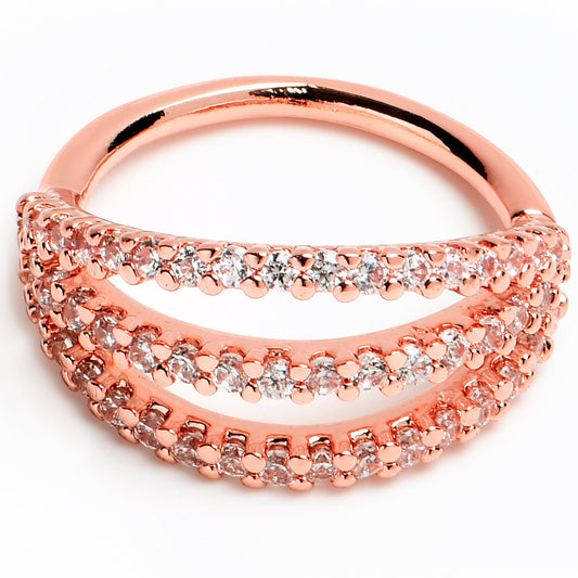 18G 3/8 Clear CZ Gem Rose Gold Tone Faux Triple Hoop Closure Ring