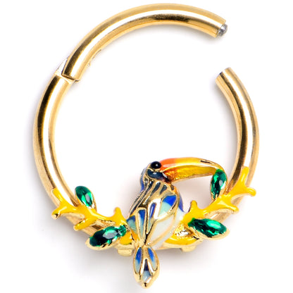 16G 3/8 Green Gem Gold Tone Tropical Toucan Hinged Segment Ring