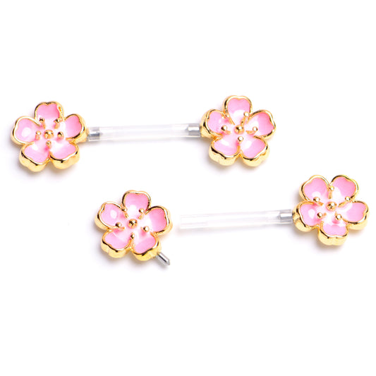 14G 9/16 Flower Pink Blossom PTFE Bioplast Barbell Nipple Ring Set