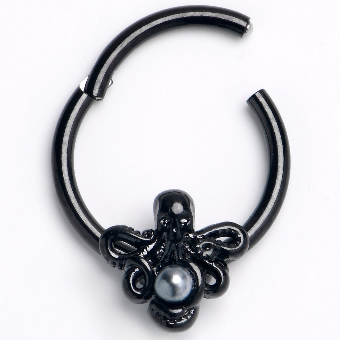 16G 3/8 Black  Faux Pearl Treasure Octopus Hinged Segment Ring