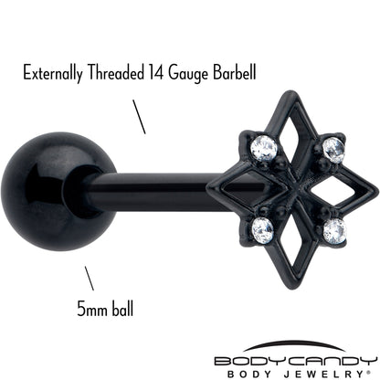 Clear CZ Gem Black Gothic Star Barbell Tongue Ring