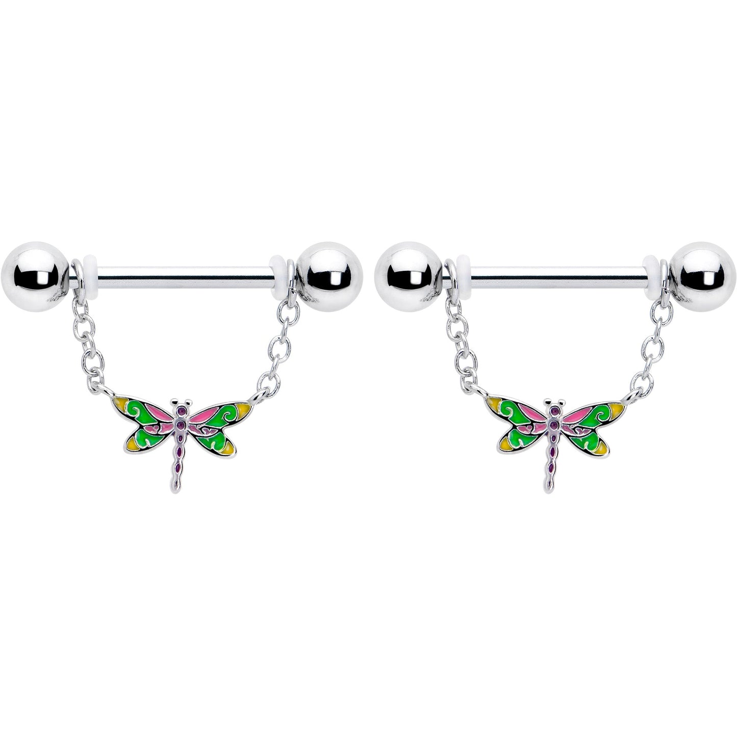 14G 9/16 Dragonfly Colors Chain Dangle Nipple Ring Set