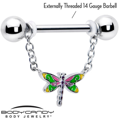 14G 9/16 Dragonfly Colors Chain Dangle Nipple Ring Set