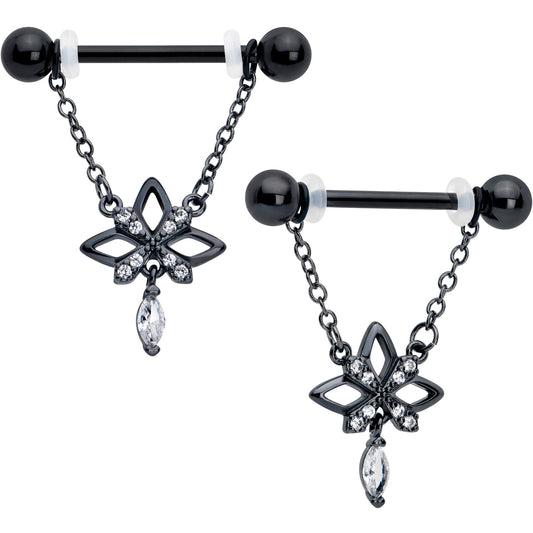 14G 9/16 Clear CZ Gem Black Gothic Star Dangle Nipple Ring Set