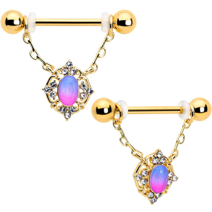 14G 9/16 Pink Tourmaline Gold Tone Wondrous Dangle Nipple Ring Set
