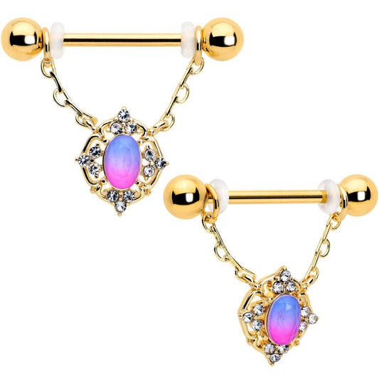 14G 9/16 Pink Tourmaline Gold Tone Wondrous Dangle Nipple Ring Set