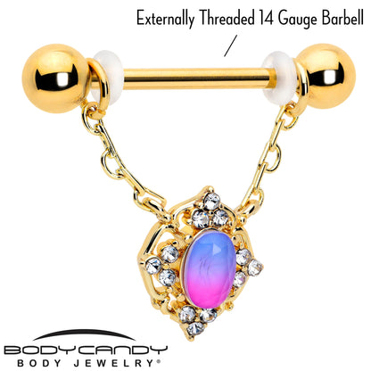 14G 9/16 Pink Tourmaline Gold Tone Wondrous Dangle Nipple Ring Set