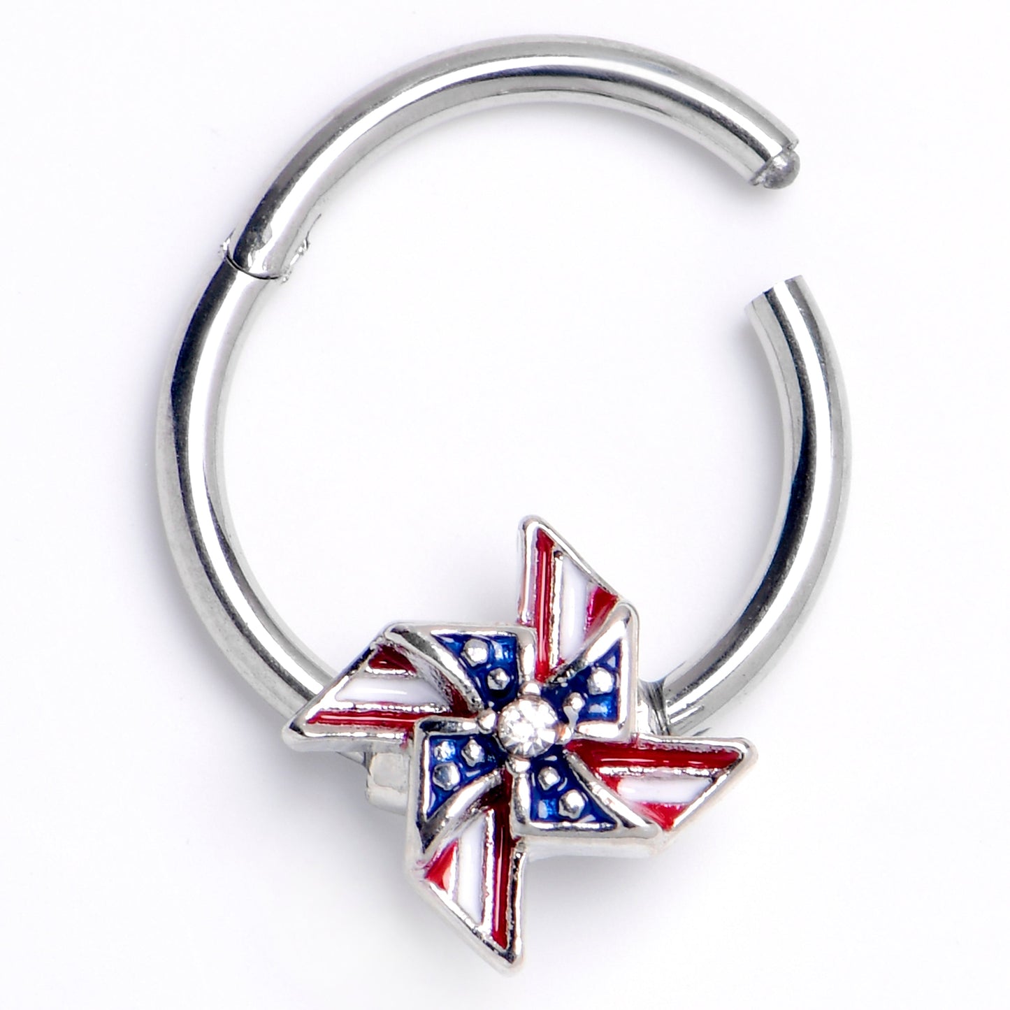 16G 3/8 Clear Gem Festive Patriot Pinwheel Hinged Segment Ring
