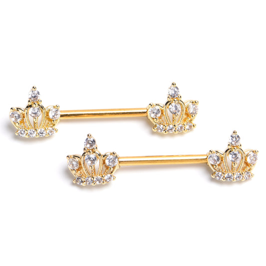 14G 9/16 Clear Gem Gold Tone Epic Crown Barbell Nipple Ring Set