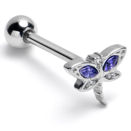 Blue Clear Gem Sky Dragonfly Barbell Tongue Ring