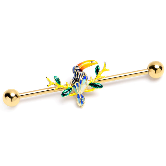 14G Green Gem Gold Tone Tropical Toucan Industrial Barbell 38mm