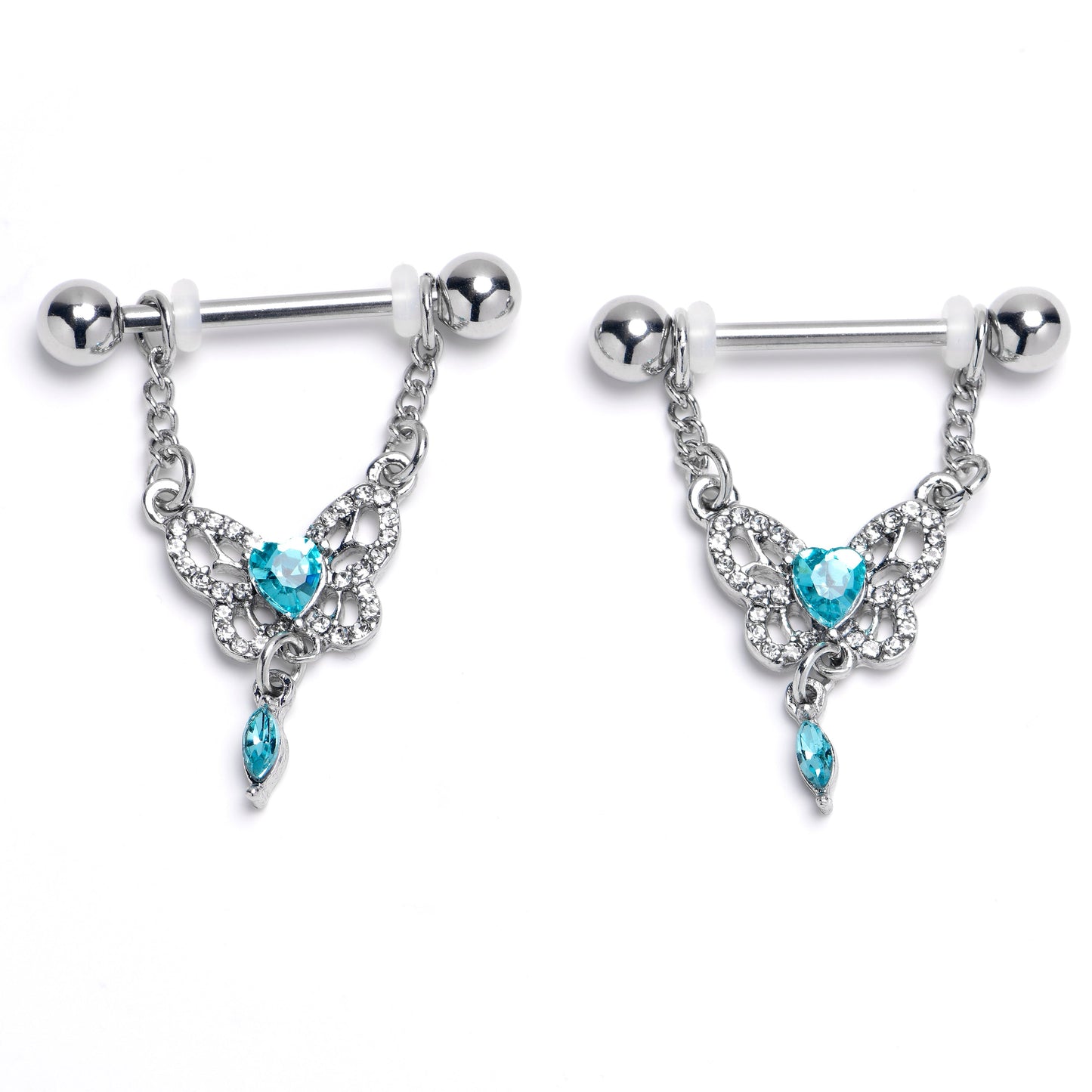 14G 9/16 Clear Blue Gem Whimsical Butterfly Dangle Nipple Ring Set