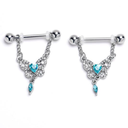 14G 9/16 Clear Blue Gem Whimsical Butterfly Dangle Nipple Ring Set