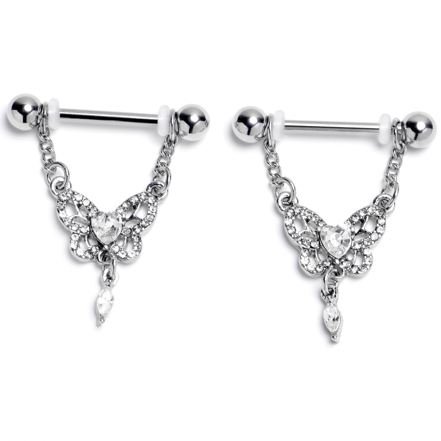 14G 9/16 Clear Gem Whimsical Butterfly Dangle Nipple Ring Set