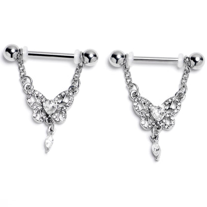 14G 9/16 Clear Gem Whimsical Butterfly Dangle Nipple Ring Set
