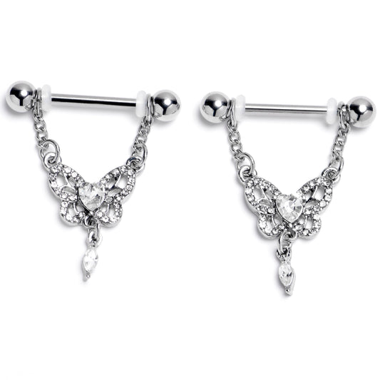 14G 9/16 Clear Gem Whimsical Butterfly Dangle Nipple Ring Set