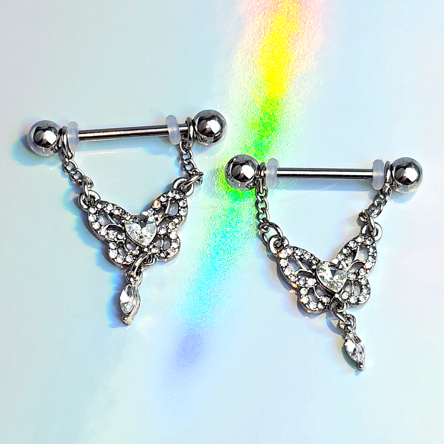 14G 9/16 Clear Gem Whimsical Butterfly Dangle Nipple Ring Set