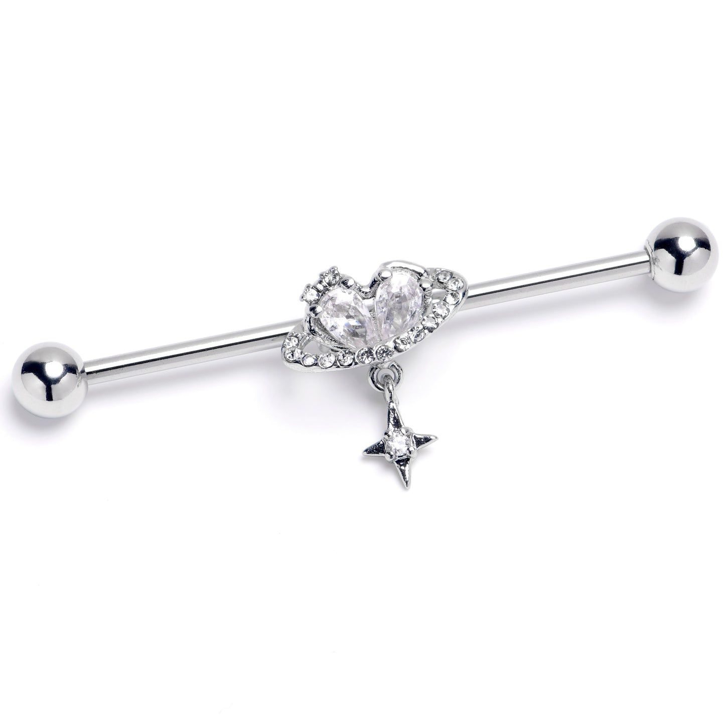 14G Clear CZ Gem Starry Heart Dangle Industrial Barbell 38mm