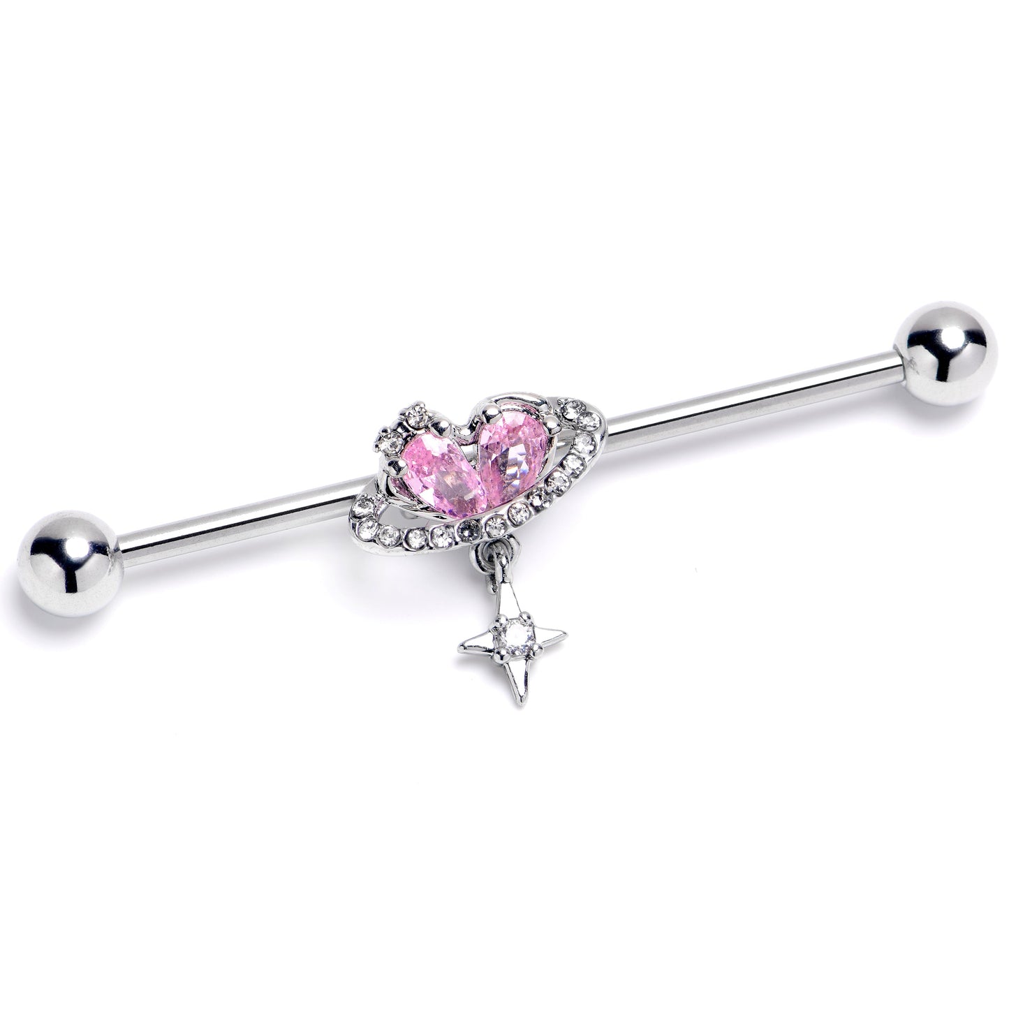 14G Pink Clear CZ Gem Starry Heart Dangle Industrial Barbell 38mm