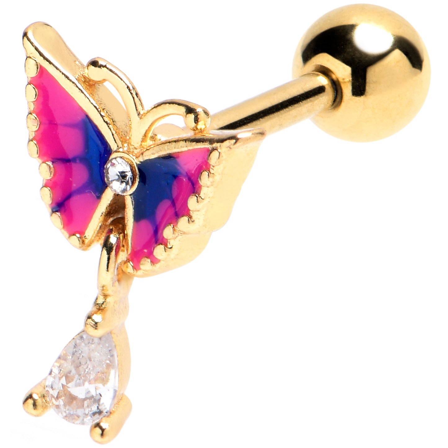 16G 1/4 Clear Gem Gold Tone Butterfly Pink Cartilage Tragus Earring