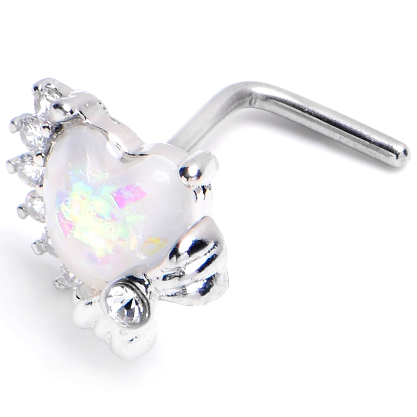 20G 7mm White Faux Opal Sunny Heart L Shape Nose Ring