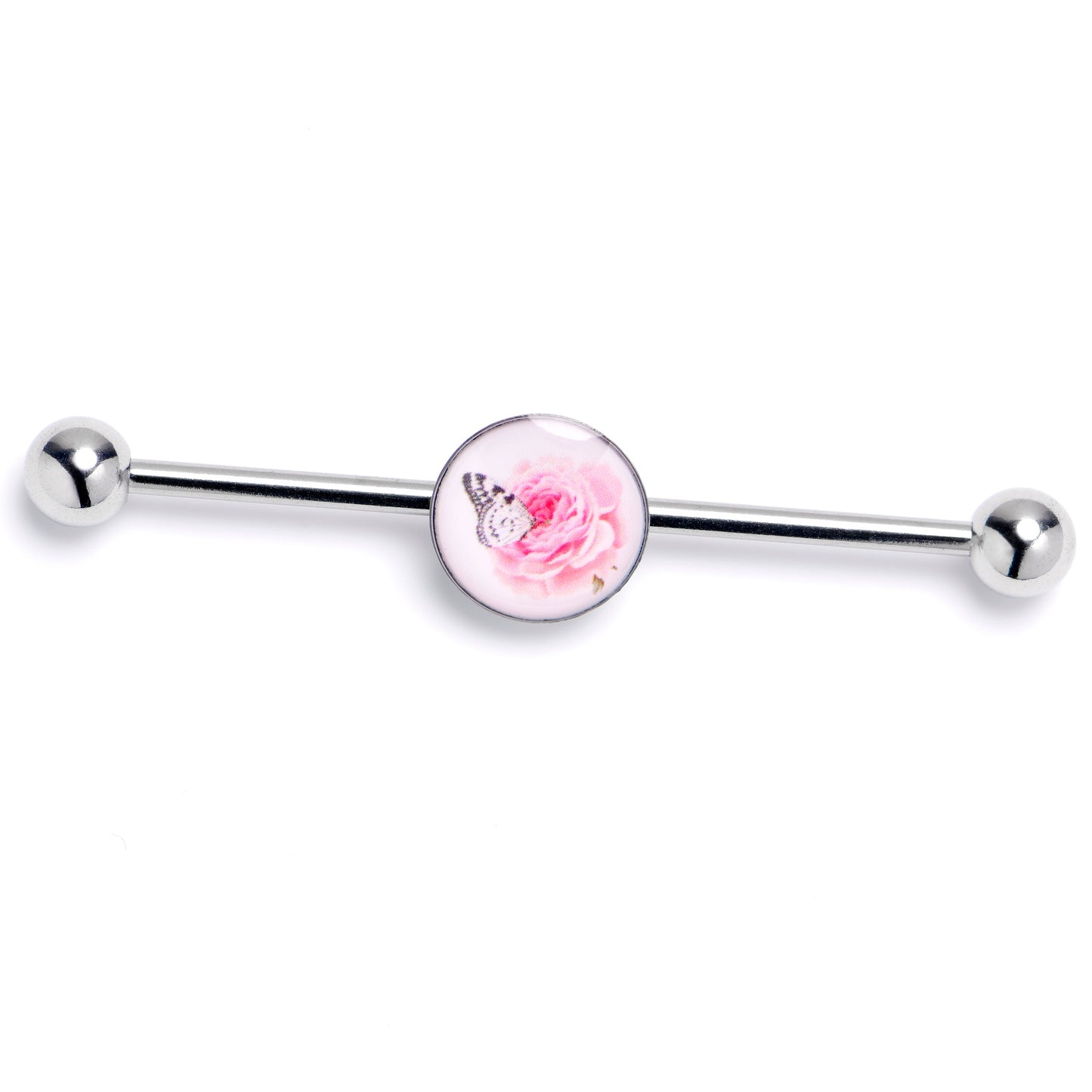 14G Butterfly Pink Rose Industrial Barbell 38mm
