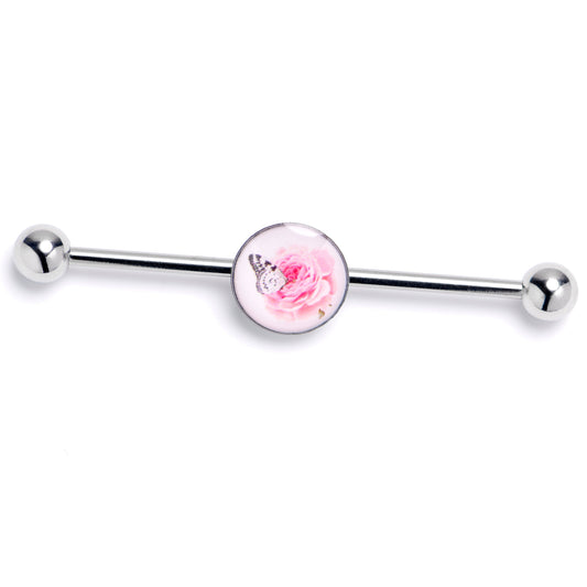 14G Butterfly Pink Rose Industrial Barbell 38mm