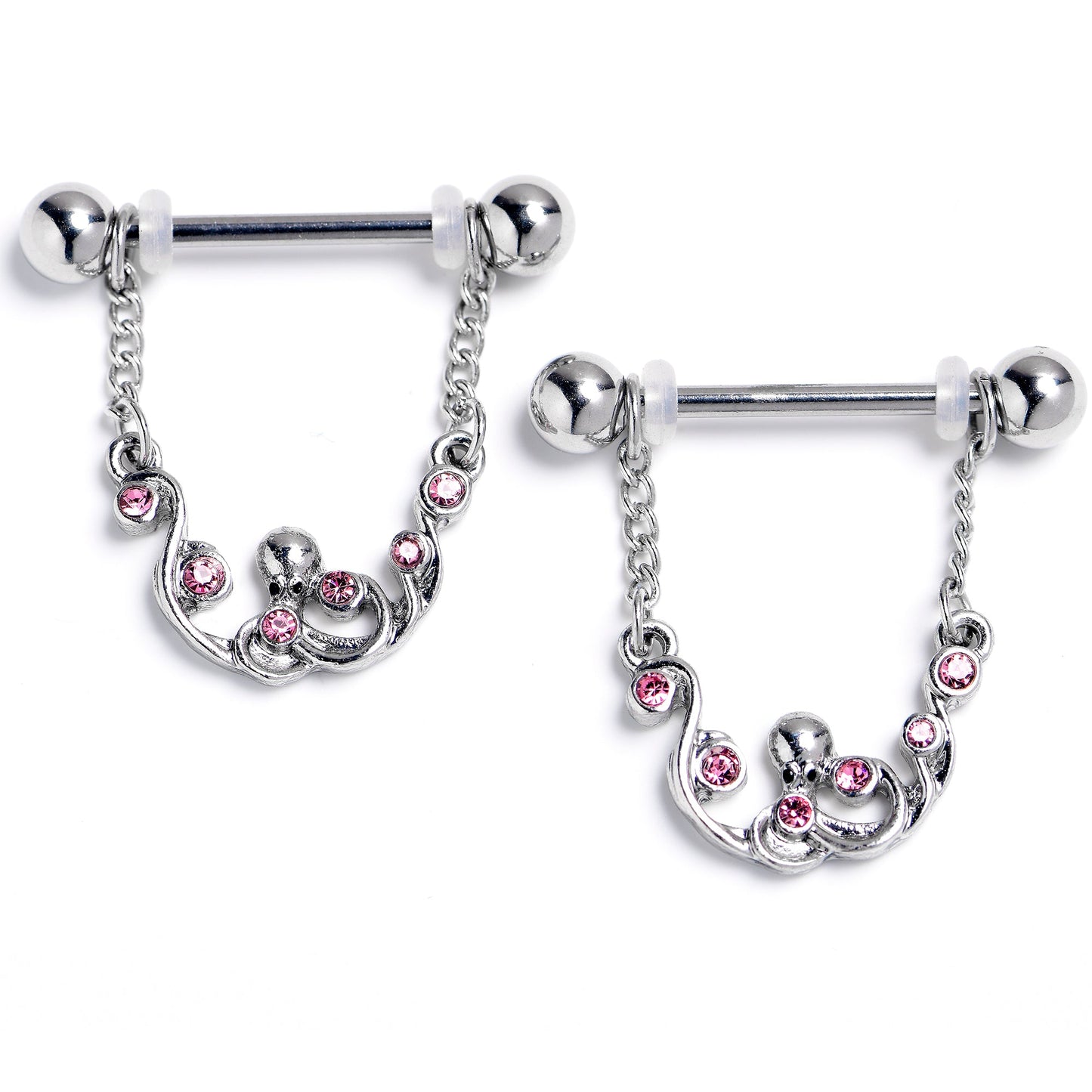 14G 9/16 Pink Gem Scrolling Elegance Dangle Nipple Ring Set
