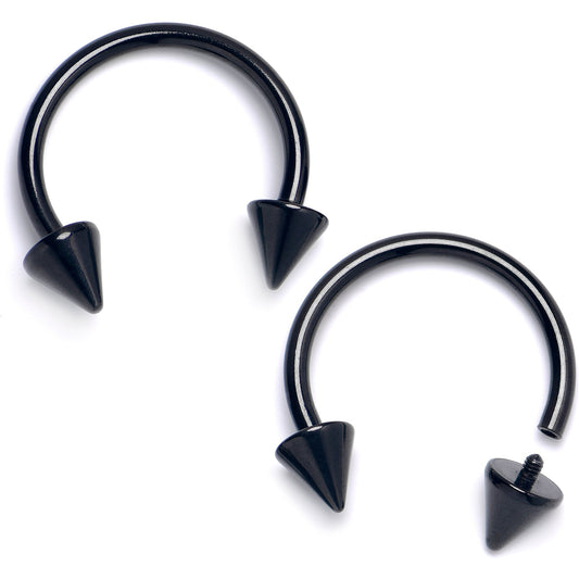 14G 9/16 Black Internally Threaded Spike Horseshoe Nipple Ring Set
