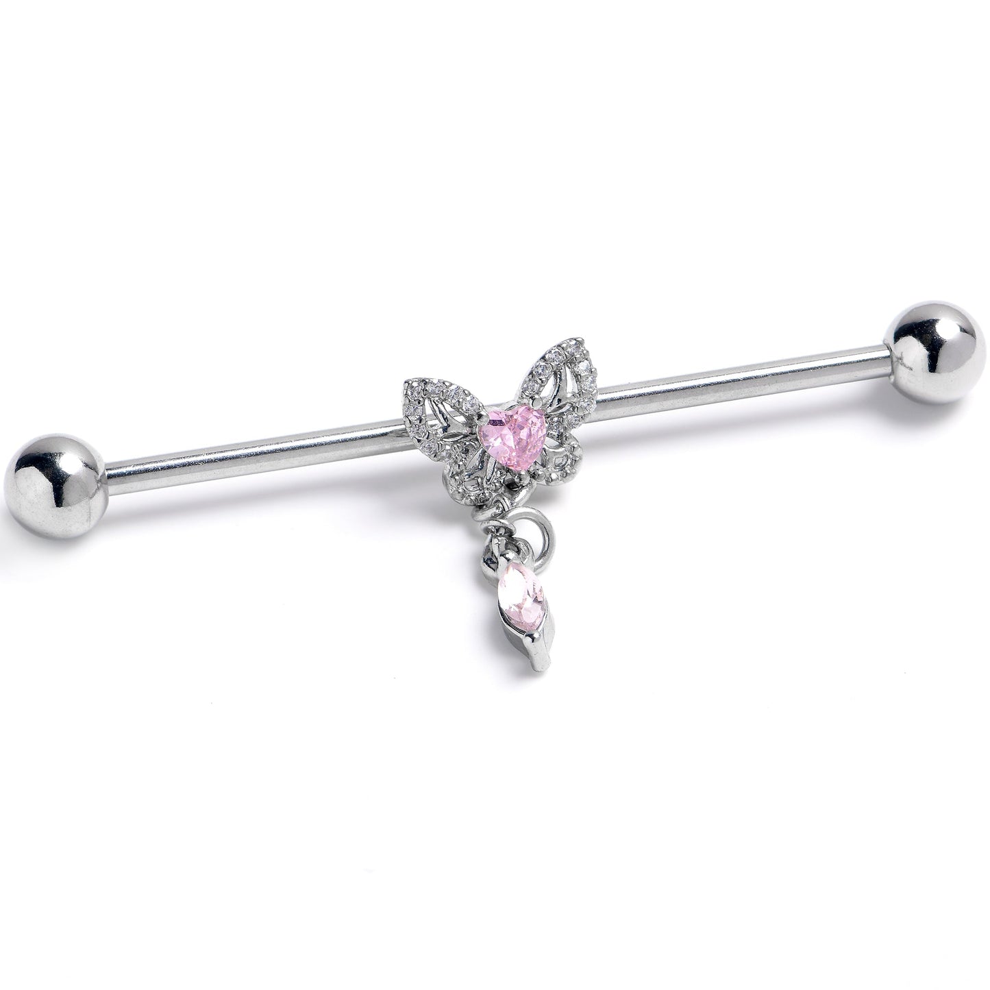 14G Clear Pink Gem Whimsical Butterfly Industrial Barbell 38mm