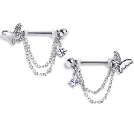 14G 9/16 Clear Gem Butterfly White Chain Dangle Nipple Ring Set