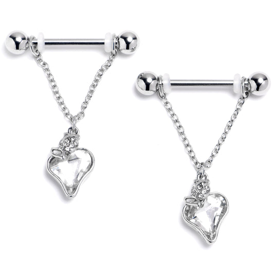 14G 9/16 Clear Gem Strawberry Love Chain Dangle Nipple Ring Set