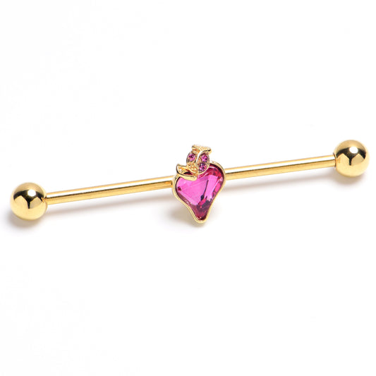 14G Pink Gem Gold Tone Strawberry Love Industrial Barbell 38mm