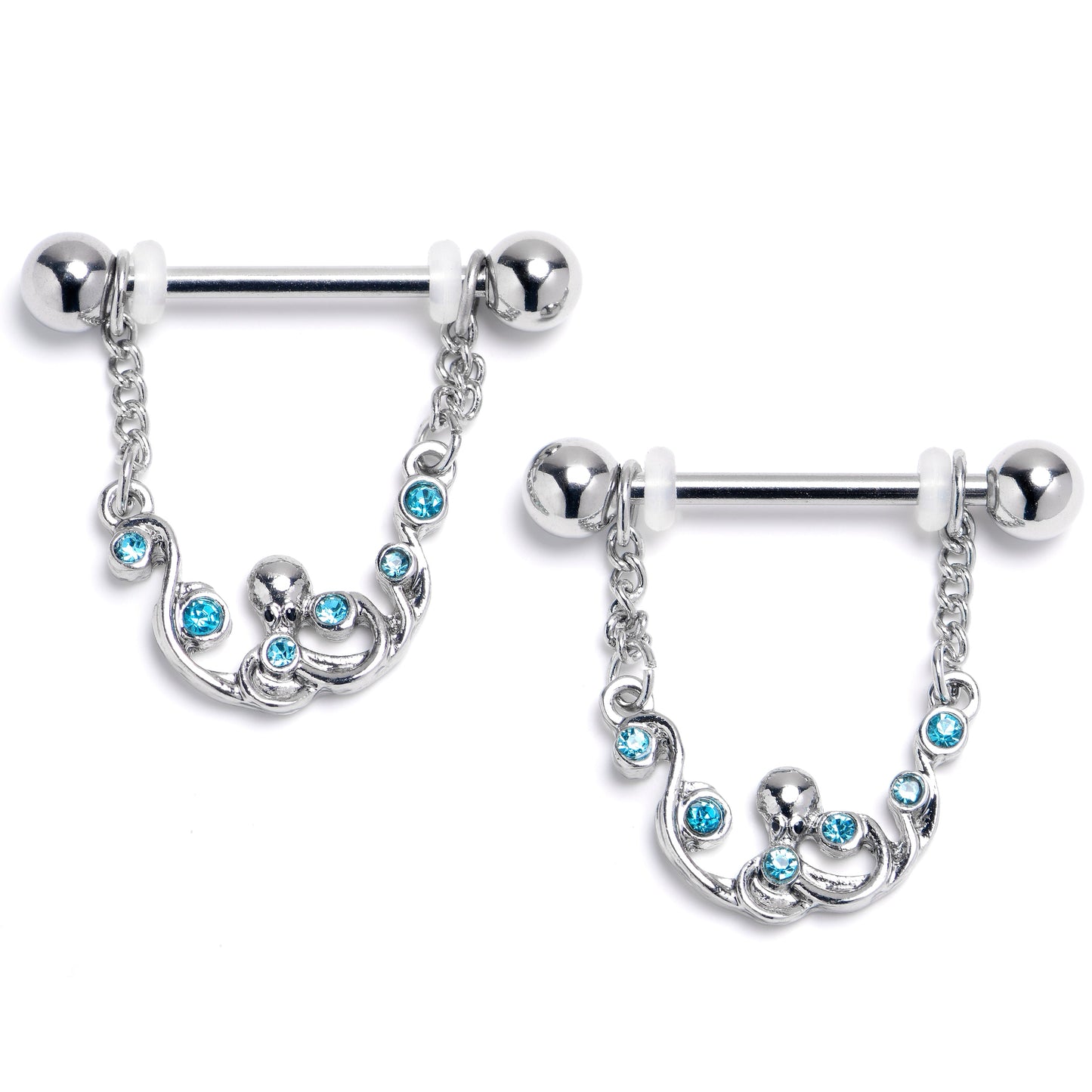 14G 9/16 Blue Gem Octopus Chain Dangle Nipple Ring Set