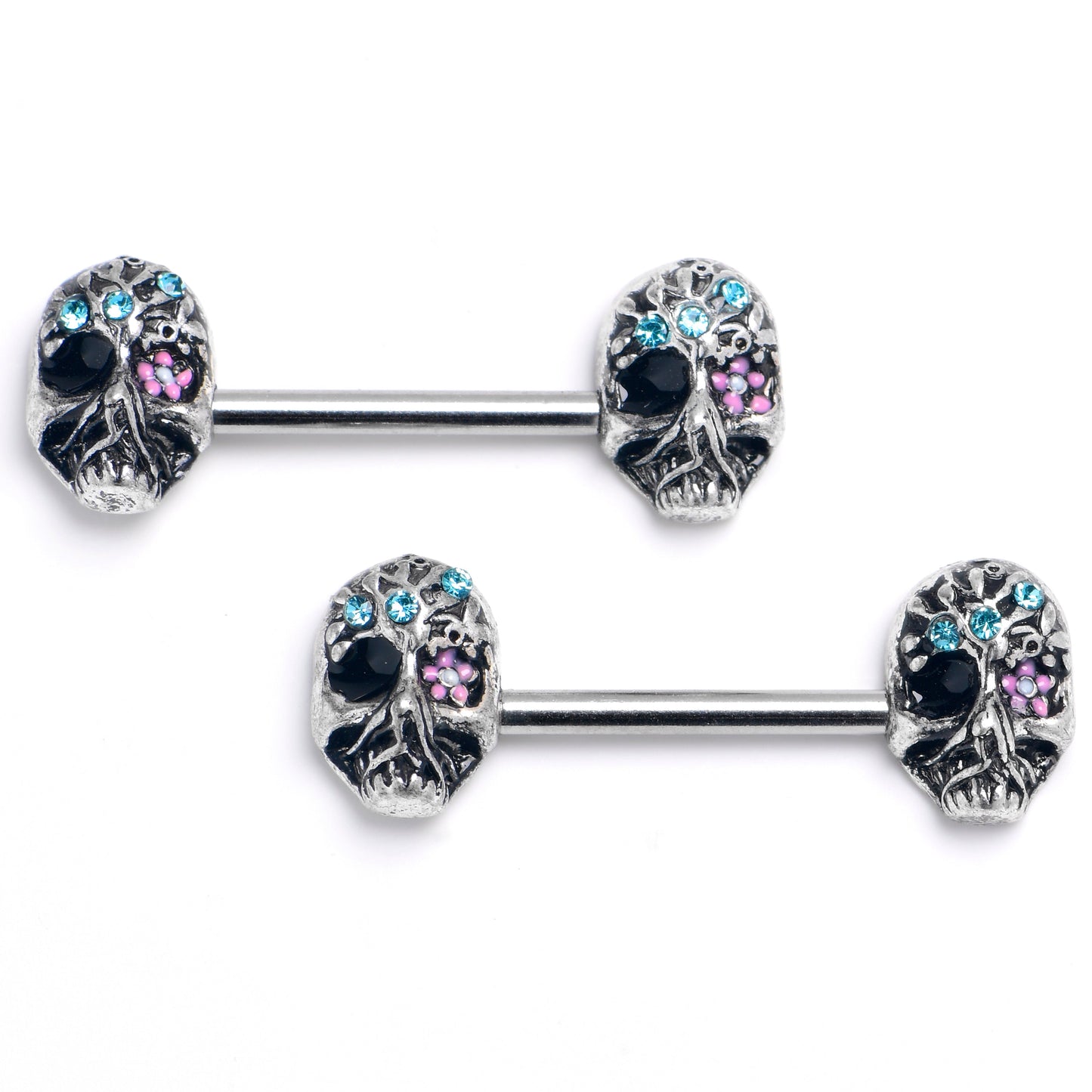 14G 9/16 Blue Gem Stylish Skull Barbell Nipple Ring Set