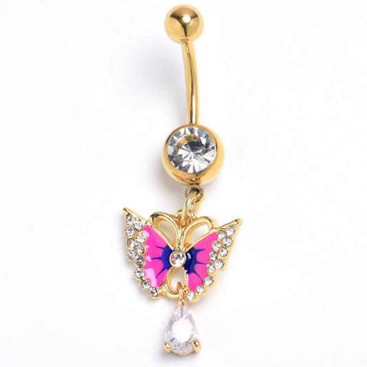 Clear Gem Gold Tone Butterfly Blue Pink Drop Dangle Belly Ring